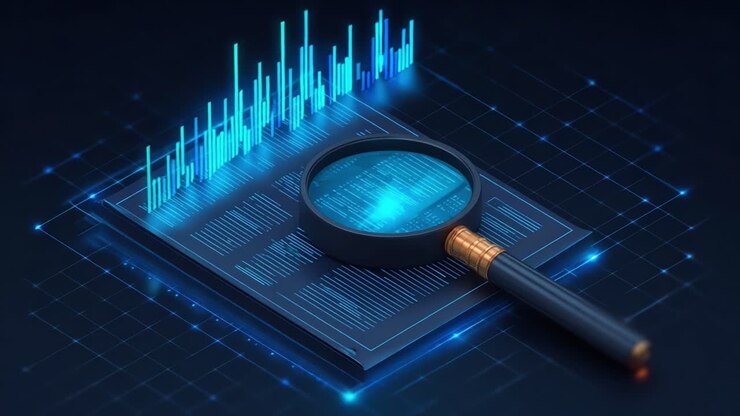 Analyzing Data Trends: A Close-Up Look at Analytical Insights Through a Magnifying Glass on Digital Documents Representing Statistical Growth