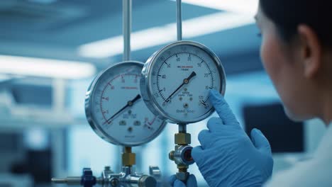 monitoring pressure in a laboratory setting: a close-up focus on gauges and a technician's hand adjusting equipment for precise measurements