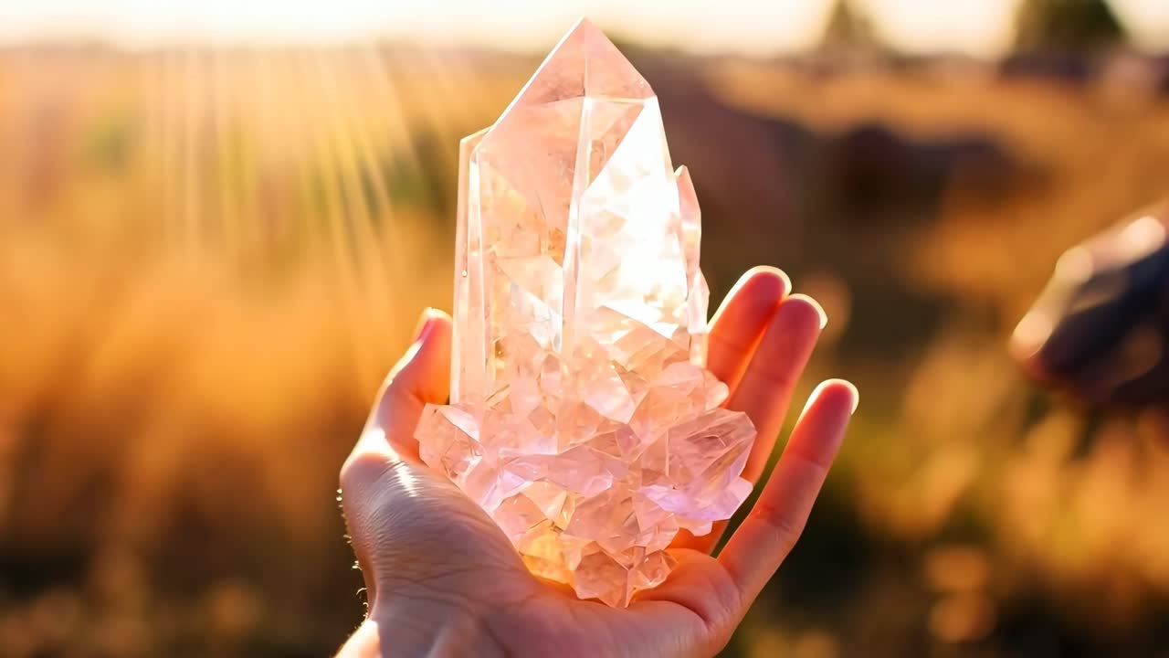 Close-up shot of a hand holding a crystal in sunlight, with a warm, ethereal glow