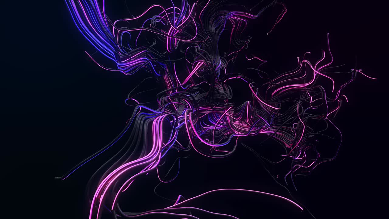 Concept of computing neural network, artificial intelligence, AI. 4k abstract looped bg. Luma matte as alpha. Multicolored neon lights like garland or lightnings. Multicolor flash of curved lines.