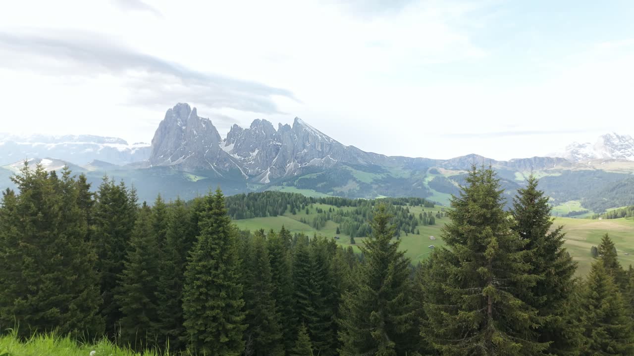 Sassolungo mountain group from Seiser Alm Alpine meadow Dolomites