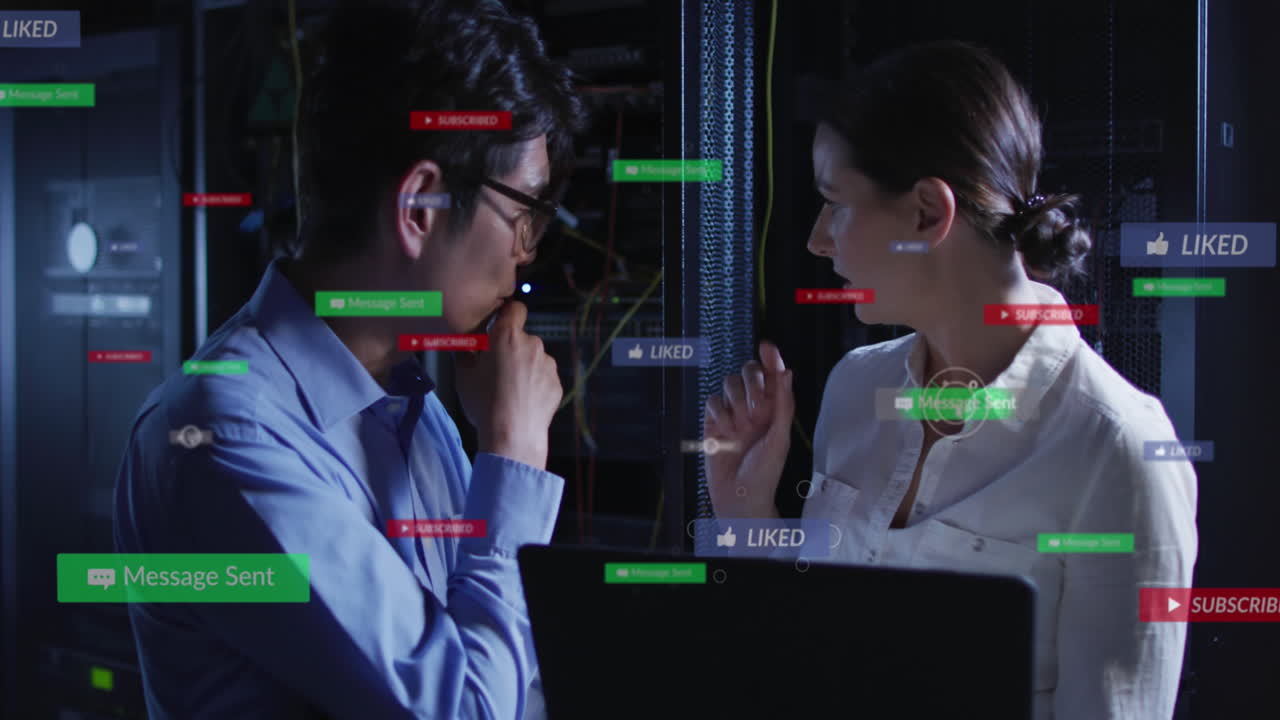 animación de iconos de las redes sociales sobre diversos ingenieros masculinos y femeninos discutiendo en la sala del servidor