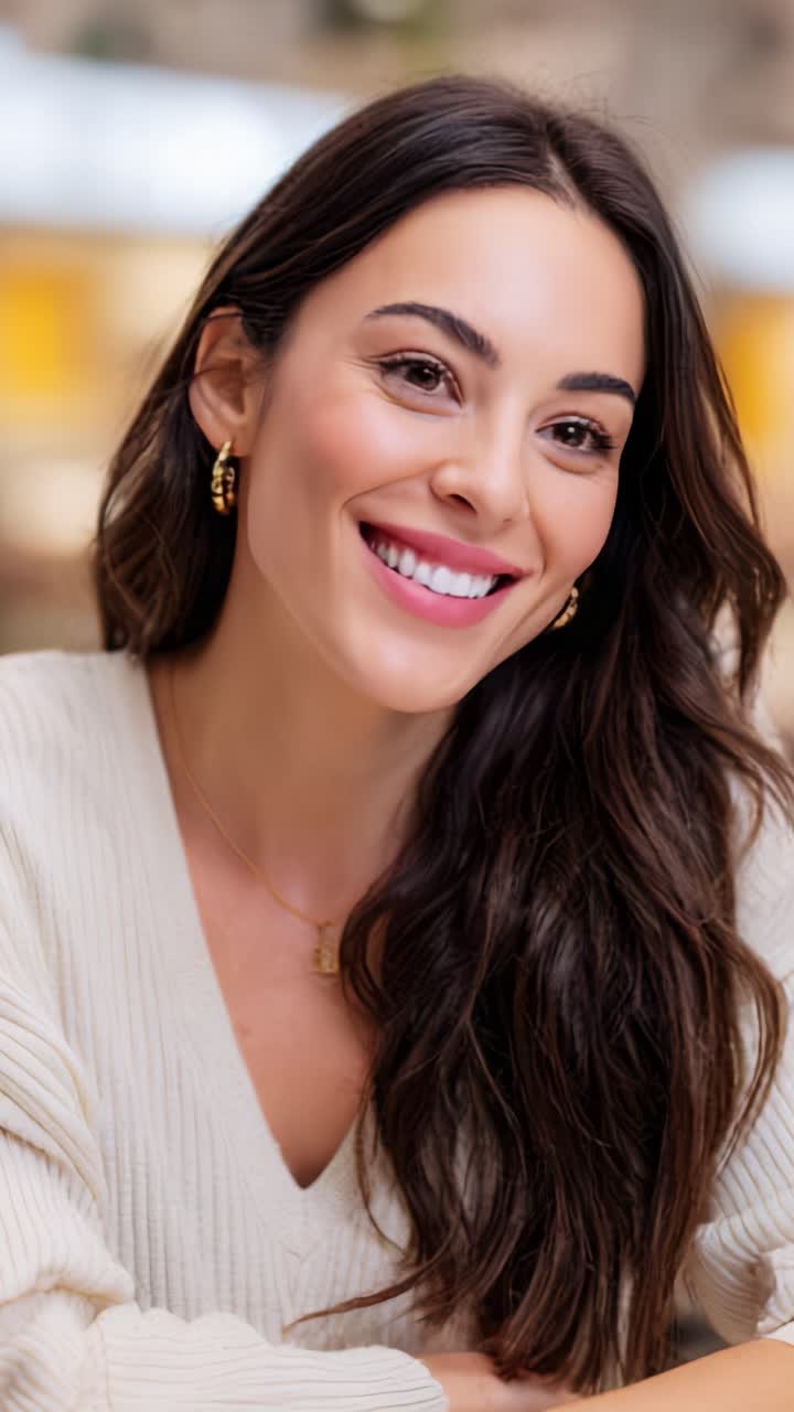 Sonrisas cautivadoras: un retrato de una mujer segura que irradia alegría y elegancia con una iluminación natural suave, un cabello precioso y accesorios elegantes