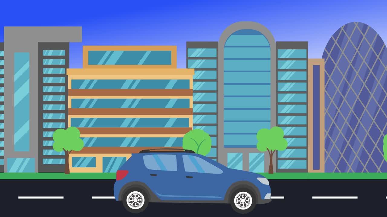 car driving rides around city side view loop animation flat design ...