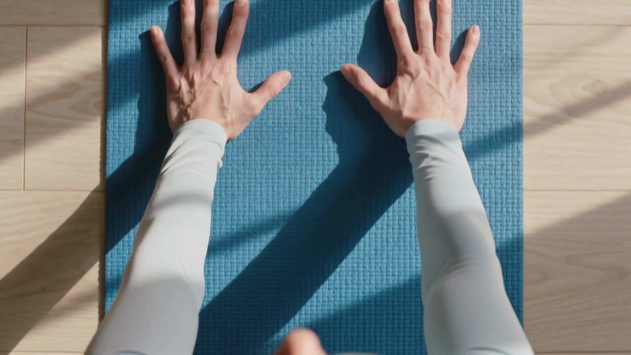 Man in longsleeve top placing hands, aligning forearms on blue mat, prepping pushup, window shadows