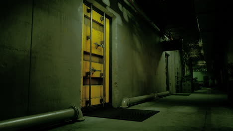 A dark, abandoned hallway with a yellow metal door and pipes