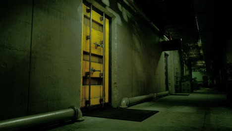 a dark, abandoned hallway with a yellow metal door and pipes