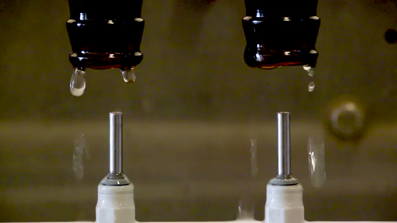 Close-up of Beer Bottles Being Filled on a Bottling Line