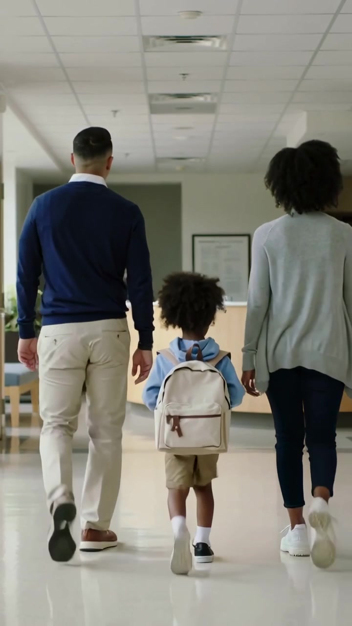 Vertical video: Cam pulling back family in blue hoodie walking to school check-in with backpack