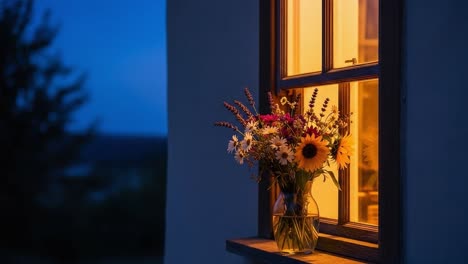 A Beautiful Flower Arrangement Illuminated by the Warm Glow of an Evening Window, Creating a Cozy and Inviting Atmosphere in the Twilight