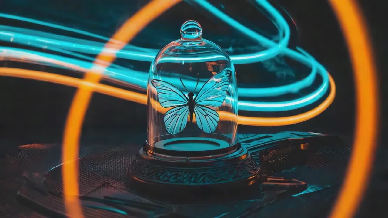 Butterfly in a Glass Dome with Glowing Lights