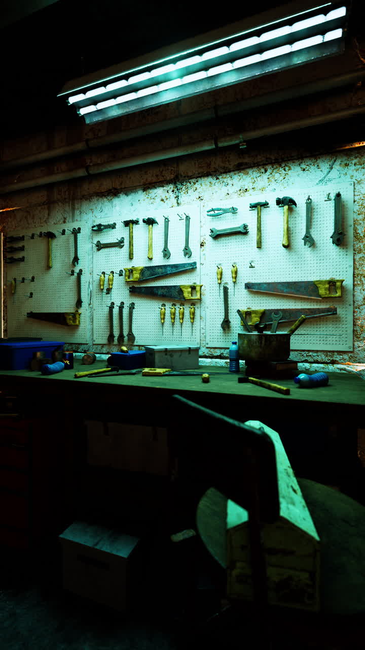 Workbench with tools in dark auto repair shop