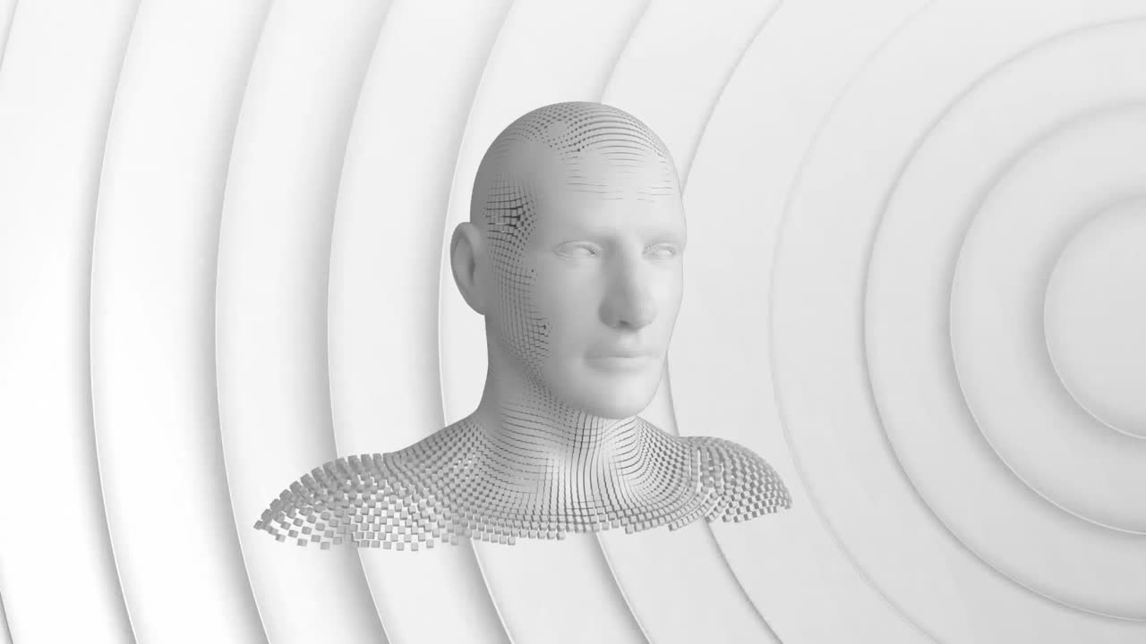 анимация человеческой головы, сформированная взрывающимися частицами на 3d белом фоне