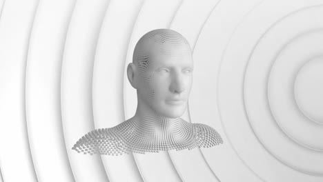 animación de la cabeza humana formada con partículas explosivas en fondo blanco 3d