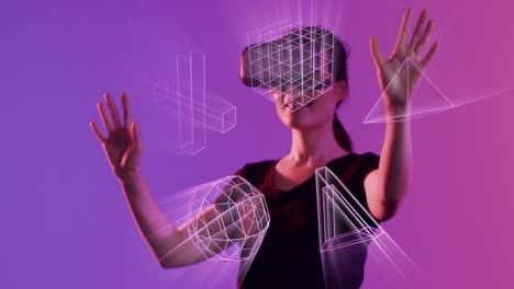 Animation-of-glowing-3d-shapes-of-data-transfer-over-asian-woman-in-vr-headset