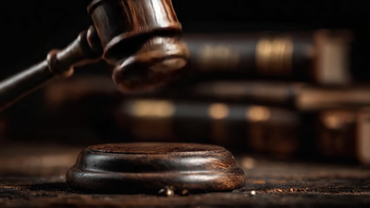 Un esame dettagliato di un martelletto poggiato su una superficie di legno con vecchi libri di legge sullo sfondo, che rappresenta la giustizia e il sistema legale.