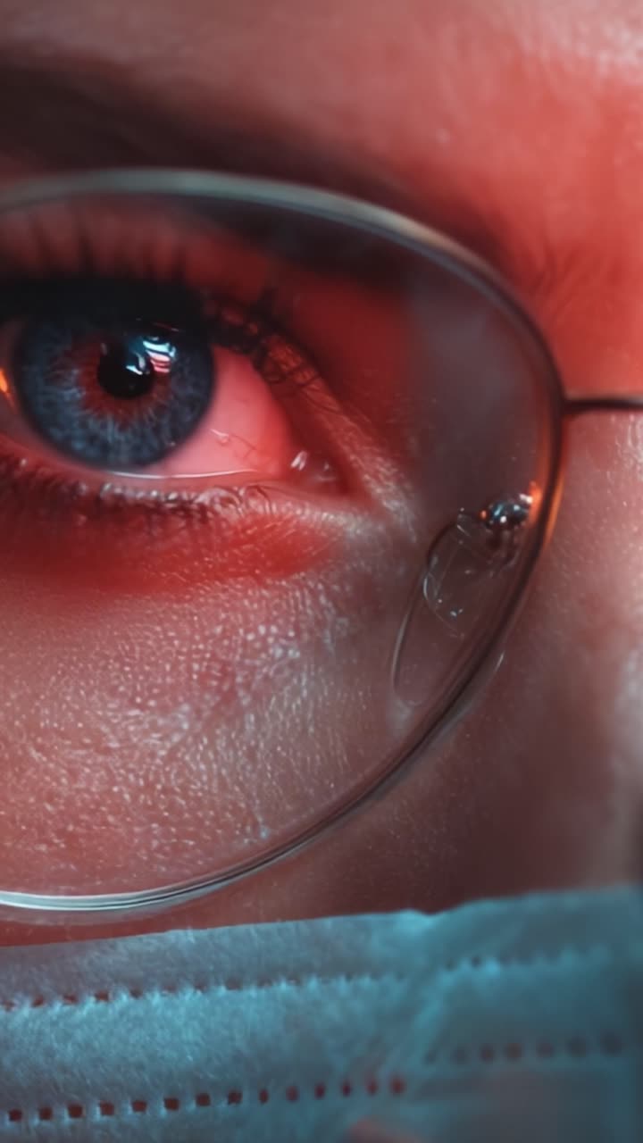 Intense Close-Up of an Eye Behind a Mask: Captivating Detail and Emotion Conveyed in a Dramatic Facial Expression from a Health Professional's Perspective