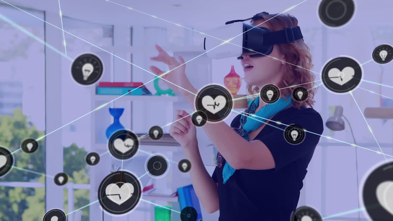 animación de la red de conexiones con iconos sobre mujer de negocios caucásica usando auriculares vr
