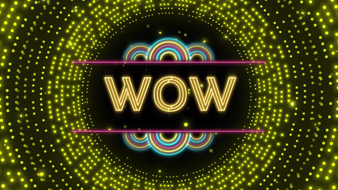 박이는 노란색 빛 패턴 위에 와우 텍스트의 애니메이션