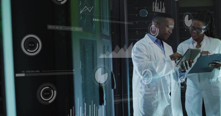 Male tech tapping tablet causing tech charts, female pointing clipboard by racks linking metrics