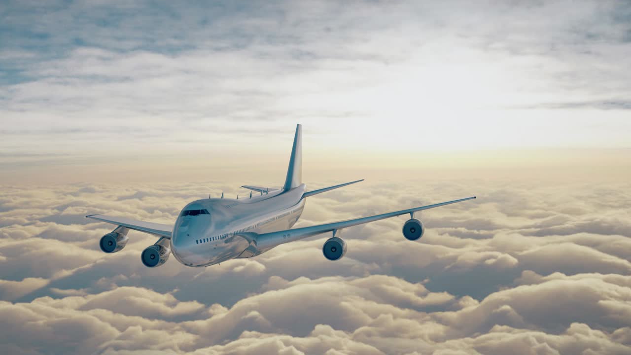 avión vuela por encima de las nubes, vista delantera