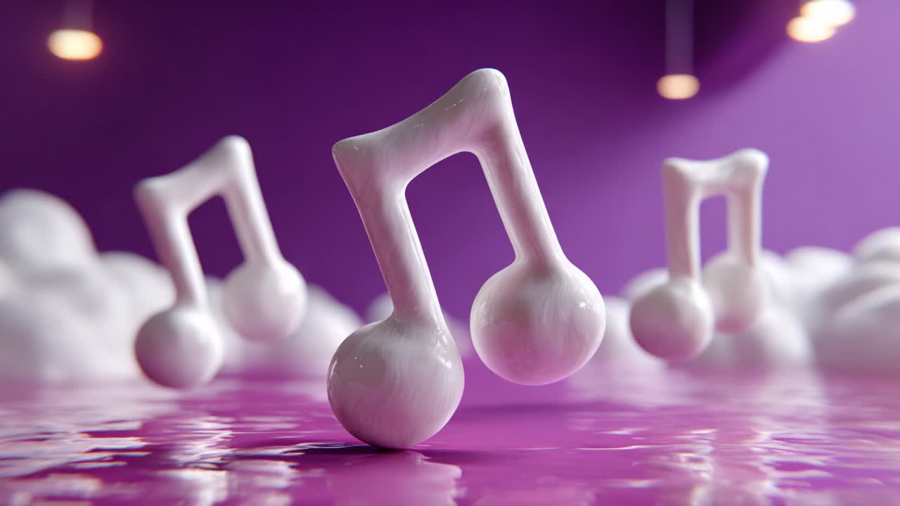 Dynamic Representation of Musical Notes in a Playful, Purple-Hued Environment Highlighted by Reflective Surfaces and Soft Cloud-Like Forms