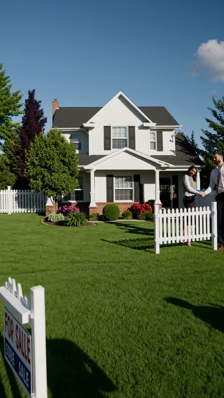 A real estate video concept featuring a low-angle shot of a charming house with a 'For Sale' sign