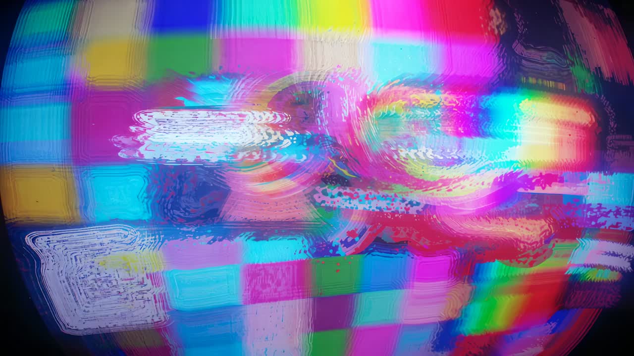 Animating glitch art on screen cycling checkerboard, shifting circular glitches with smeared bands