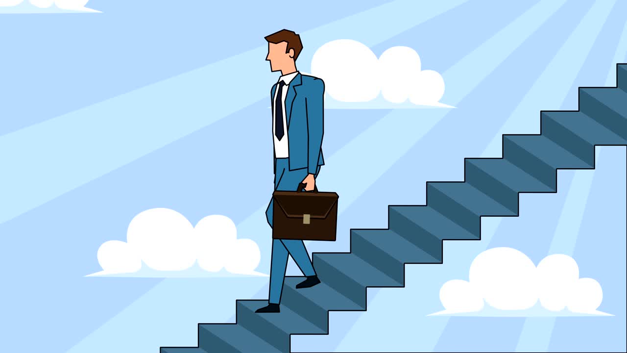 personaje de dibujos animados de hombre de negocios plano con bolsa de caso baja por la escalera de la carrera escaleras de concepto de animación