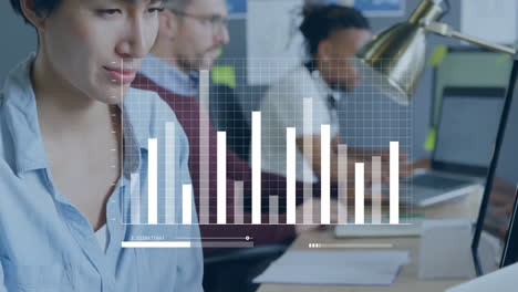 animation of financial data processing over diverse business people in office