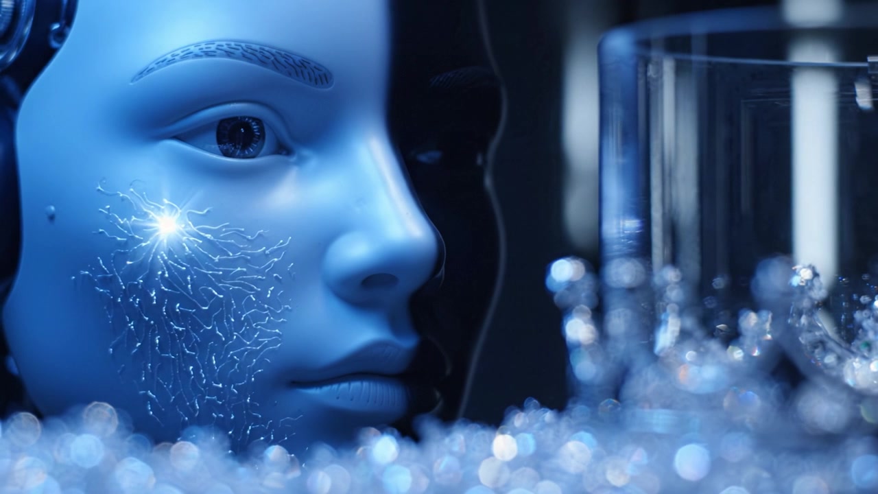 Primo piano di un volto robotico blu futuristico accanto a un bicchiere trasparente in un ambiente riflettente, che mette in risalto caratteristiche avanzate e un'estetica quasi umana.