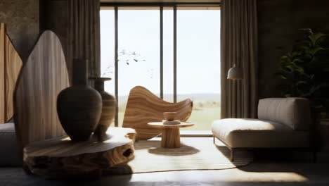 a modern living space featuring unique wooden furniture, natural light, and greenery, blending contemporary design with cozy comfort in a serene setting