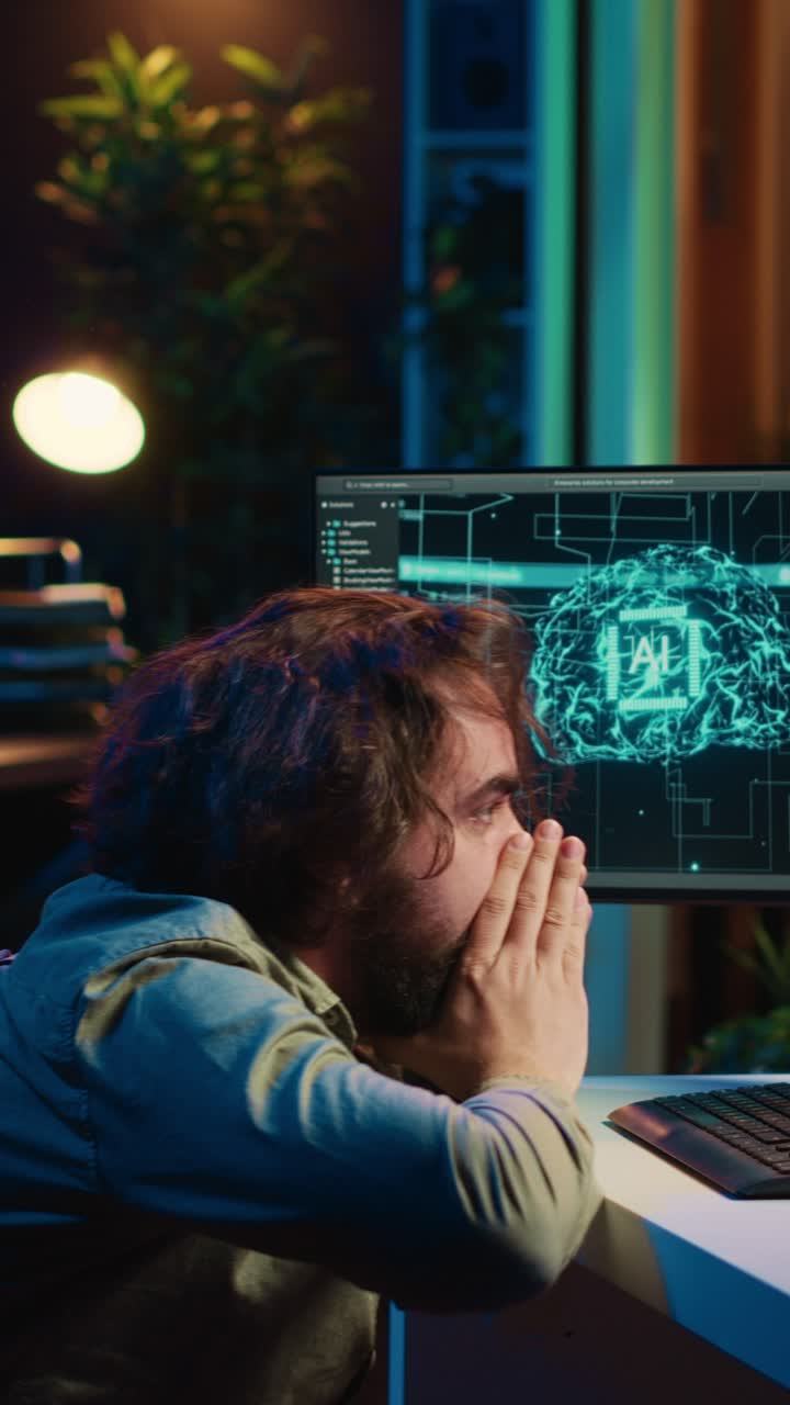 Tired Programmer Working on AI Software Late at Night