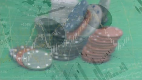 animación de estadísticas y procesamiento de datos sobre fichas de casino de pie en una mesa