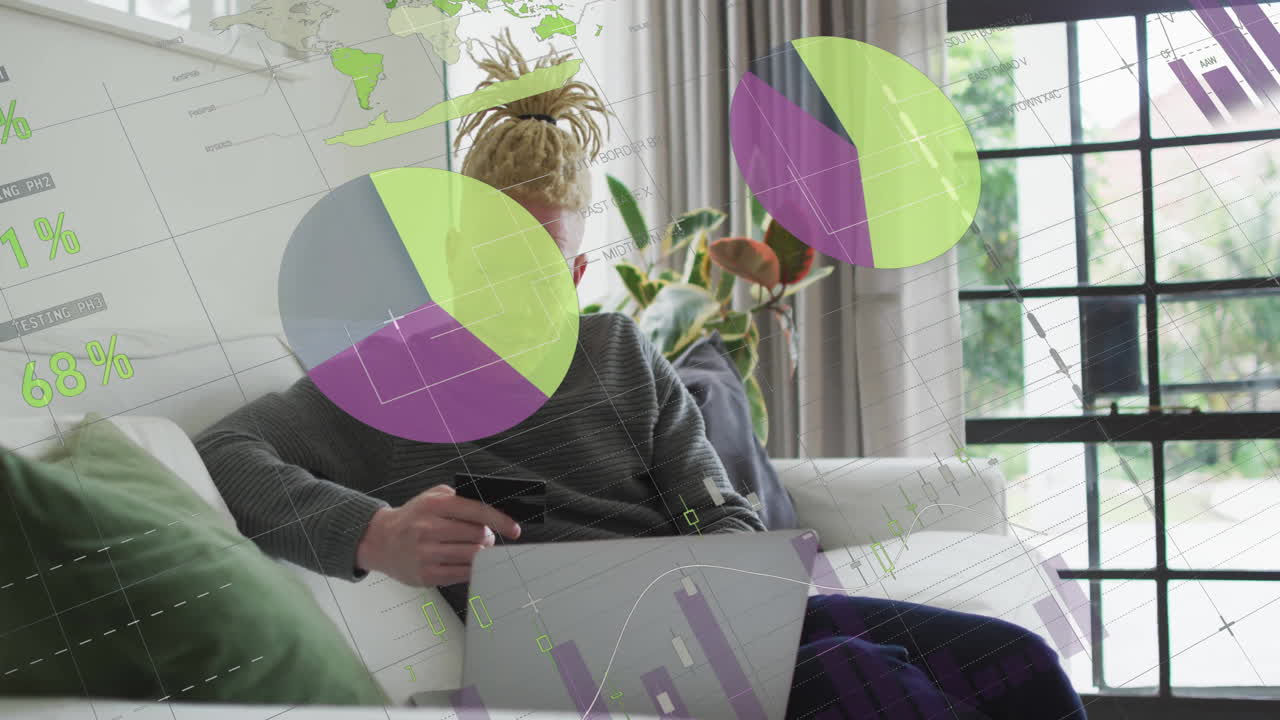 Home, man using laptop with data charts and graphs overlay animation