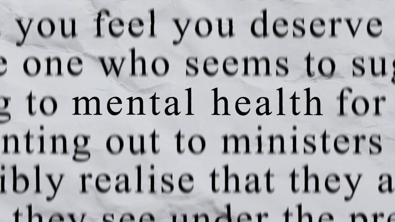 MENTAL HEALTH Text in Centre with High-energy Fast Text Stop-Motion Writing Cycling Rapidly on Crinkled Texture Paper. Newspaper Cuttings Style animation. 4K.