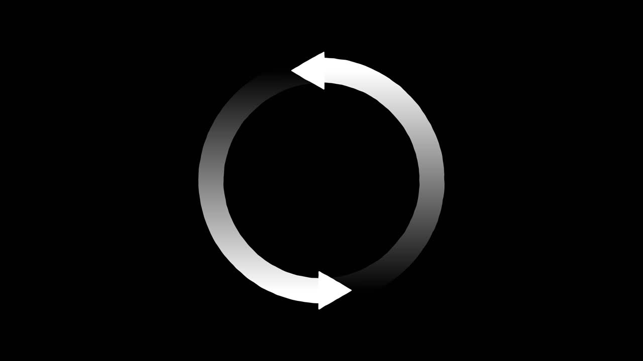 White gradient arrow rotates smoothly in a continuous loop against a solid black background
