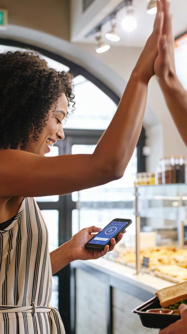 Vertical video: Highfiving buyer in dress after paying at counter with phone and pastry, copy space