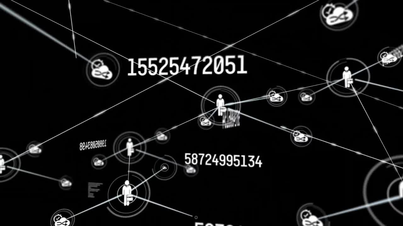 검은색 배경 위에 아이콘과 숫자를 가진 연결 네트워크의 애니메이션