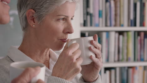 happy mature couple drinking coffee looking out window together enjoying casual conversation relaxing at home retired middle aged people 4k footage