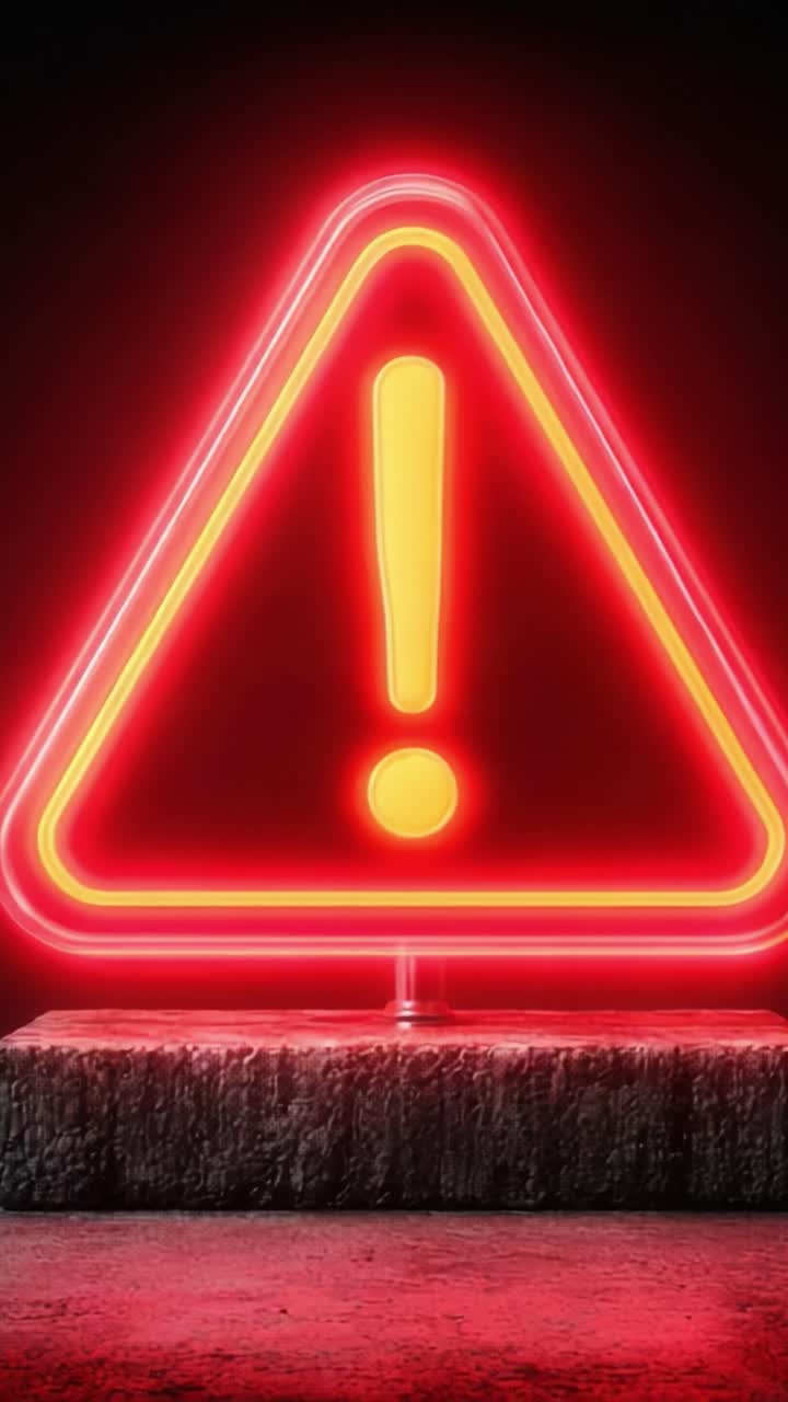 Bright, Illuminated Warning Sign in a Neon Finish, Symbolizing Caution and Attention, Set Against a Dark Background for a Striking Visual Impact