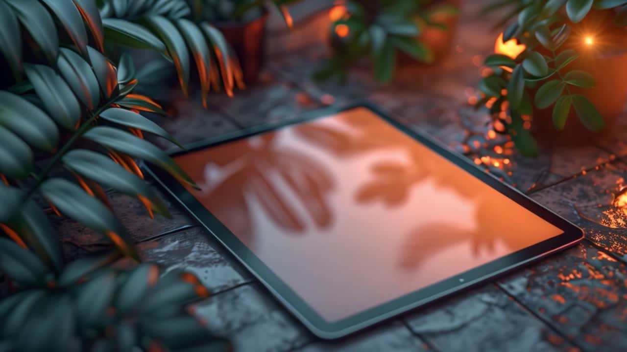Tablet Resting Amidst Green Plants and Warm Glow