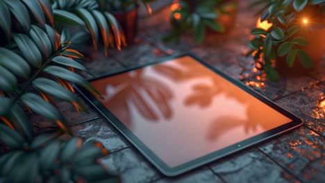 tablet resting amidst green plants and warm glow