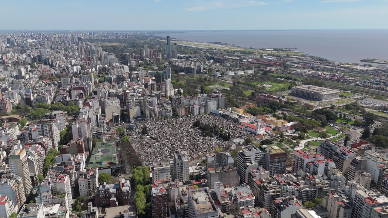 Flying over Recoleta neighborhood and cemetery in Buenos Aires, Argentina
