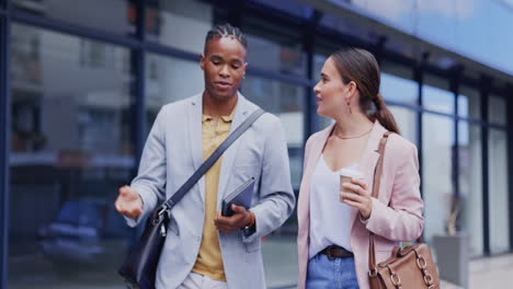 Business-people,-laughing-and-walking-in-city