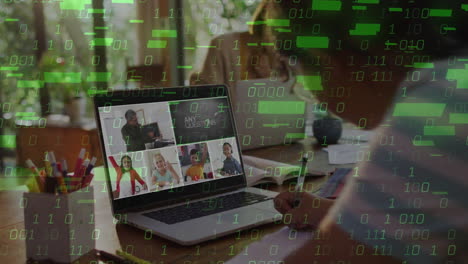 people in virtual meeting on laptop screen with binary code animation overlay