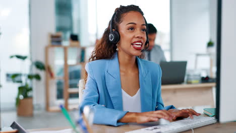 Talking,-happy-and-a-woman-with-a-computer