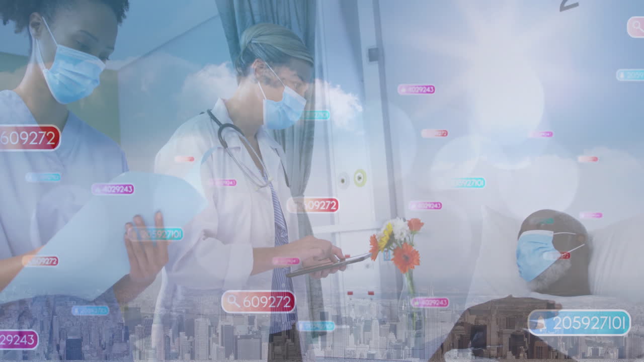 In hospital, healthcare professionals using digital data overlay while wearing masks