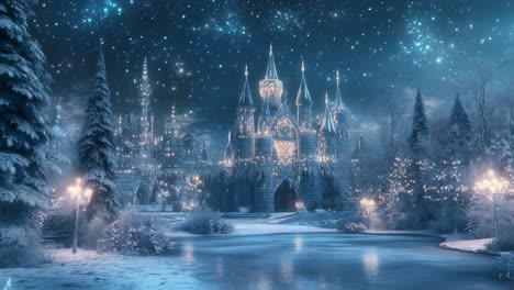winter night casting magical spell over fairytale castle, softly blanketing frozen landscape with gently falling snow, reflecting on lake amid glowing trees and lamps