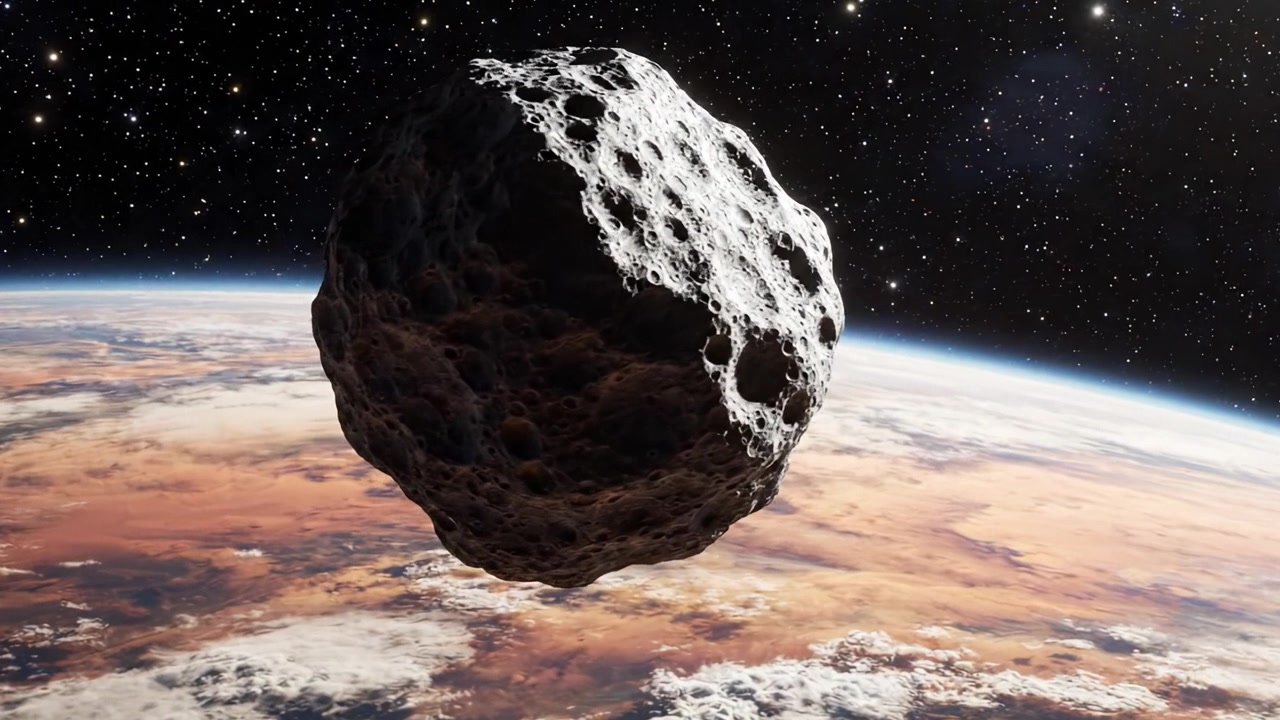 Un asteroide maestoso sfreccia nello spazio, librandosi con grazia sopra l'atmosfera colorata di un pianeta lontano, mettendo in mostra la bellezza dell'universo.